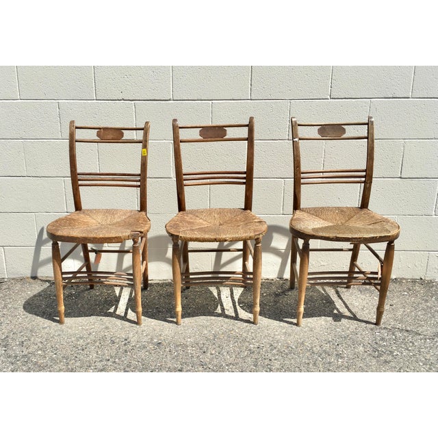 1940s Vintage Rush Seat Spindle Back Side Chairs Set of 3 For Sale - Image 5 of 10