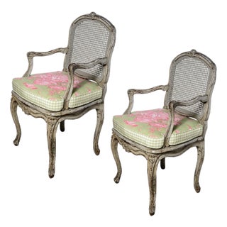 Pair French Louis XV Style Painted Cane Chairs For Sale