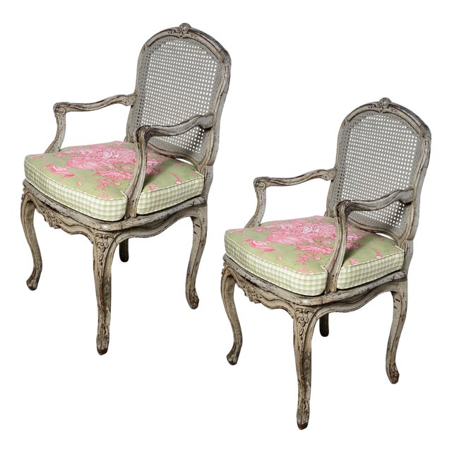 Pair Louis XV Style Painted Cane Armchairs 19th C. For Sale