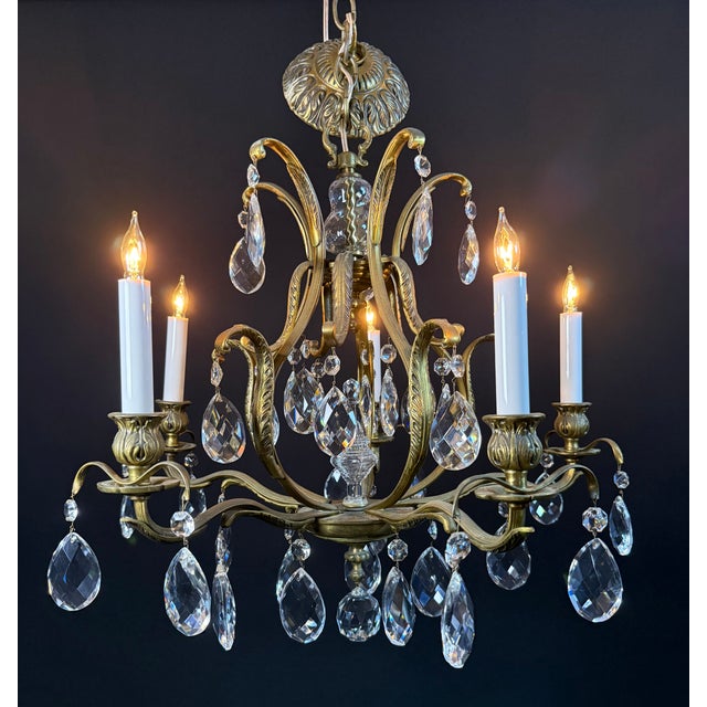 Antique French Brass & Crystal Birdcage Chandelier – 5 Light For Sale - Image 14 of 17