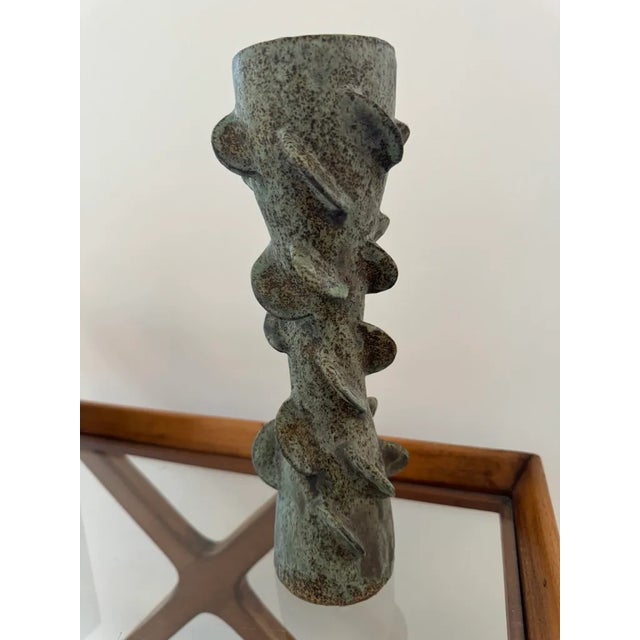 Abstract Vintage Rustic Turquoise Ceramic Vase For Sale - Image 3 of 5