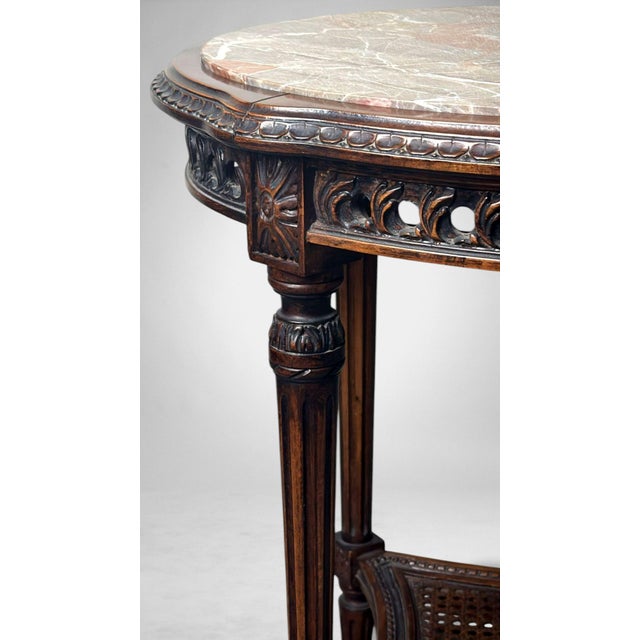 Brown Early 20th Century Neoclassical Italian Walnut Side Table With Marble Top and Vienna Straw Shelf For Sale - Image 8 of 18