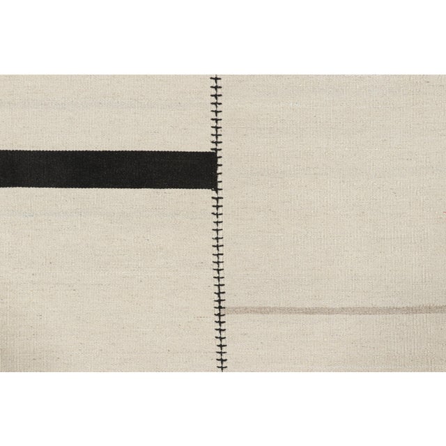 Contemporary Rug & Kilim’s Contemporary Kilim, White and Black Textural Stripes, Taupe Accent For Sale - Image 3 of 7