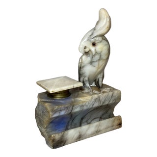 Antique Italian Carved Figural Alabaster Stone Cockatoo Bird Inkwell Sculpture For Sale