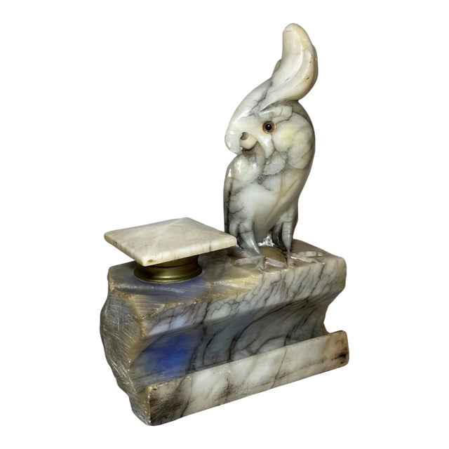Antique Italian Carved Figural Alabaster Stone Cockatoo Bird Inkwell Sculpture For Sale