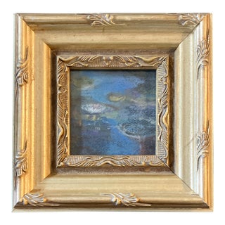 1980’s Vintage Original Small Waterlilies Pastel Drawing Chunky Gold Frame For Sale