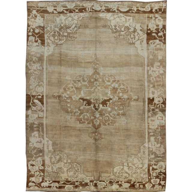 Brown, Tan, Sand and Ivory Vintage Turkish Oushak Rug With Floral Center Medallion For Sale
