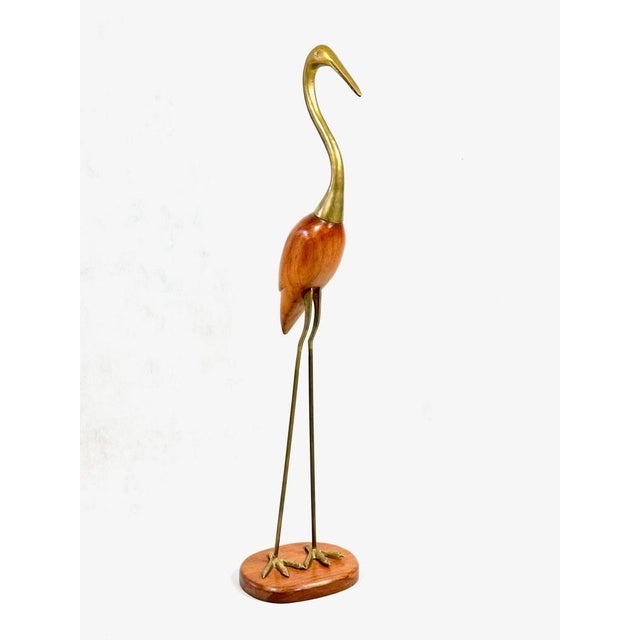 Mid-Century Modern Tall Carved Teak and Brass Heron Figurine, 1960s, in Flawless conditions. Designed 1960 to 1969