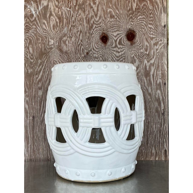 Chinoiserie Vintage Regency Glazed Ceramic Low Stool For Sale - Image 3 of 5