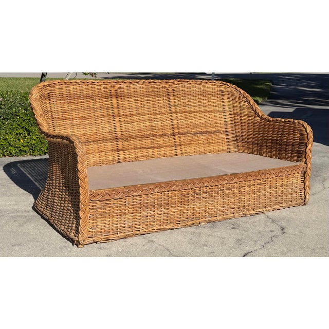 Contemporary Vintage 72” Handwoven Rattan Sofa With Large Braid Trim For Sale - Image 3 of 12