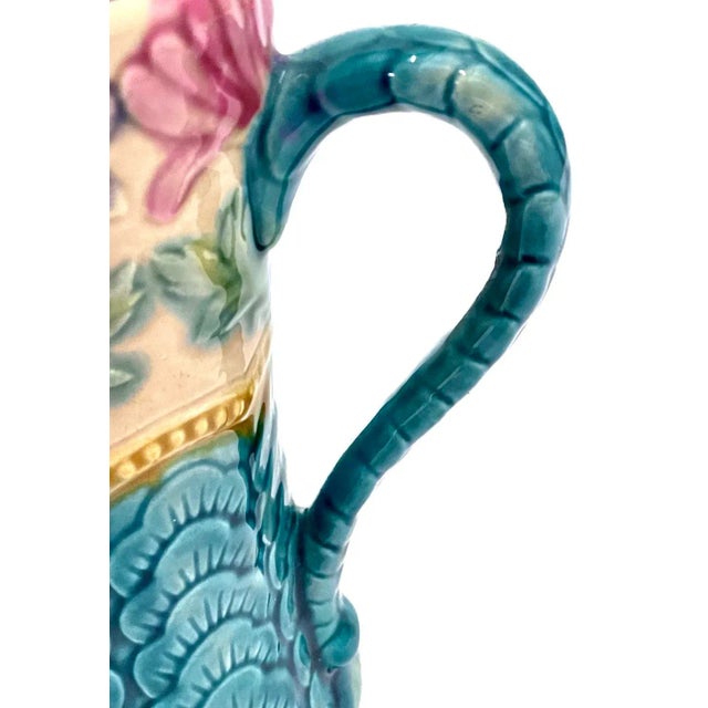 Ceramic Vintage Daisy & Leaf Petal Majolica Pitcher For Sale - Image 7 of 9