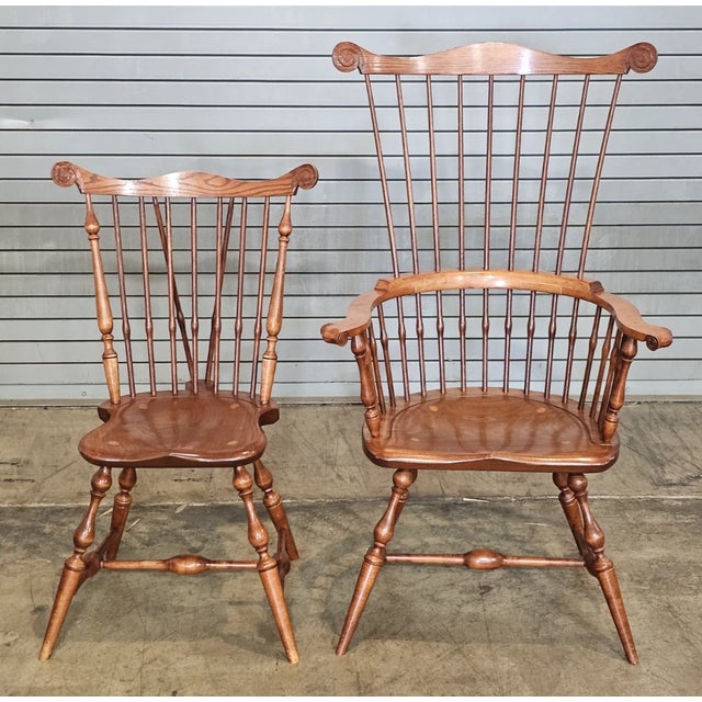 Brown Set of 6 Fan Back Windsor Chairs Bench Made by Stephen Adams Denmark, Maine For Sale - Image 8 of 12