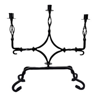 Vintage Spanish Renaissance Black Wrought Iron 3-Taper Candelabra For Sale
