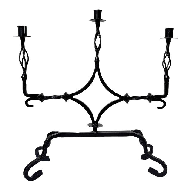 Vintage Spanish Renaissance Black Wrought Iron 3-Taper Candelabra For Sale