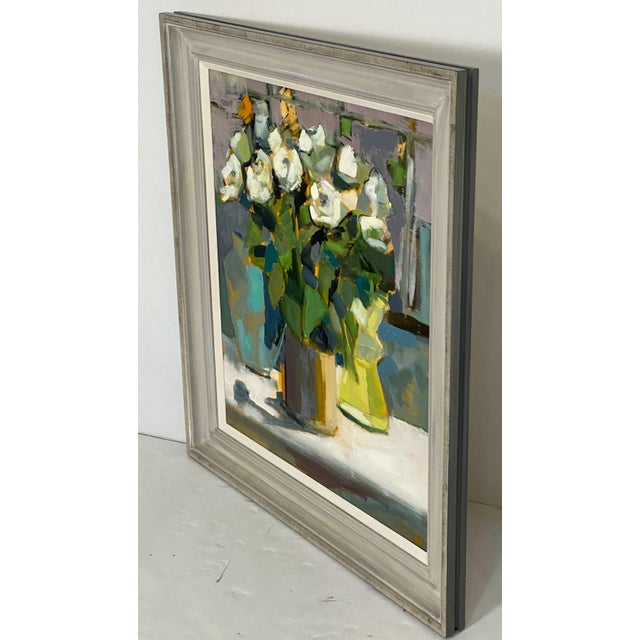 Green Contemporary British Framed Oil Painting on Canvas (White Roses in Mustard Pot) For Sale - Image 8 of 12