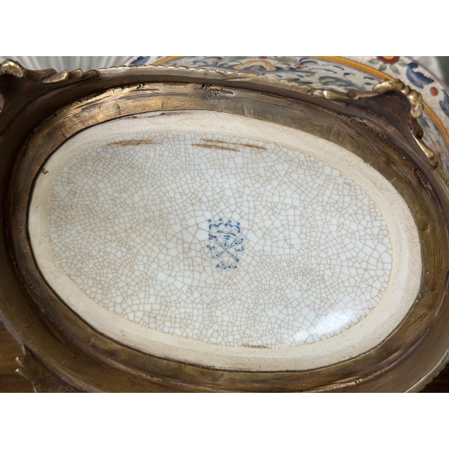 Vintage Porcelain Crackle Glaze Floral Jardinière Brass Ormolu-Style Footed Cachepot Planter Vase For Sale - Image 15 of 17