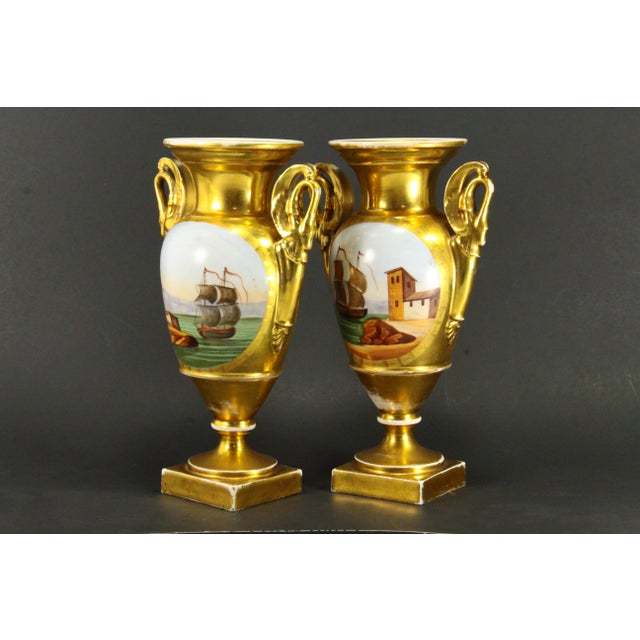 Early 19th Century Early 19th C. Empire Old Paris Porcelain Fire Gilt & Painted Vases, a Pair For Sale - Image 5 of 18