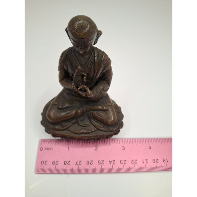 Asian Antique 18thC Tibetan Bronze Lama Statue - Heavy 10oz Portrait Monk Dharmachakra Mudra For Sale - Image 3 of 18