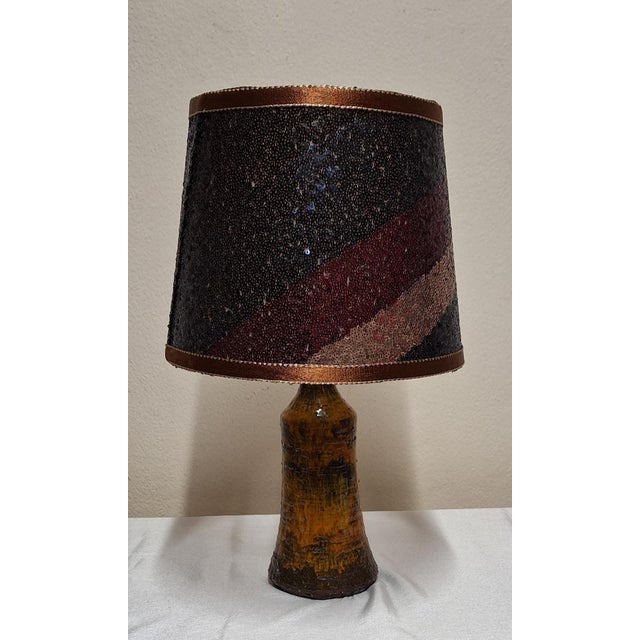 Vintage Yellow-Brown Ceramic Table Lamp with Handmade Fabric Shade, 1970s, in Very Good conditions. Designed 1970 to 1979...