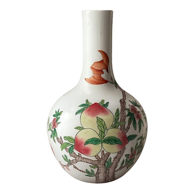 Vintage Chinese Famille-Rose Porcelain Vase – Peach & Bat Motif – 14” Tall, Unmarked For Sale