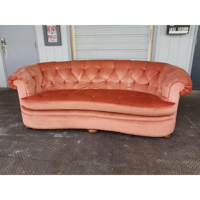 Retro Hollywood Regency Pink Coral Velvet Chesterfield Esque