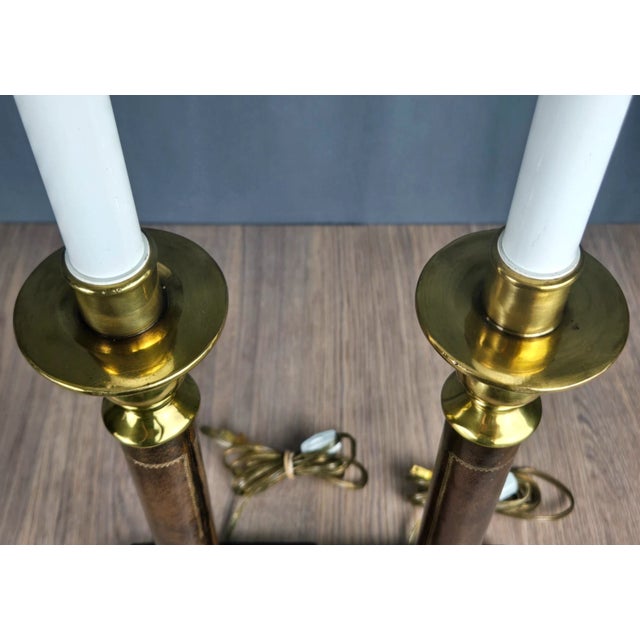 Brown 1990s Brass Marble Leather Wrapped Candlestick Table Lamps, Maitland Smith Style - a Pair For Sale - Image 8 of 16