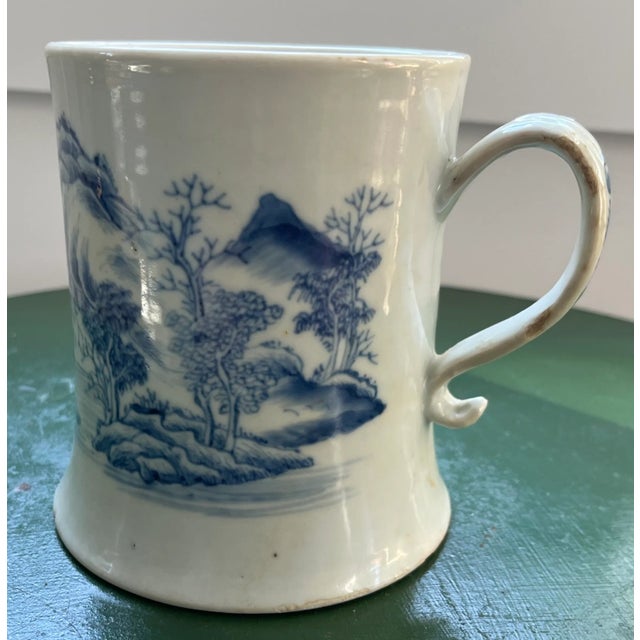 Antique 18th Century Chinese Kangxi Blue & White Export Porcelain Tankard Mug With Rocky Landscape For Sale - Image 4 of 12