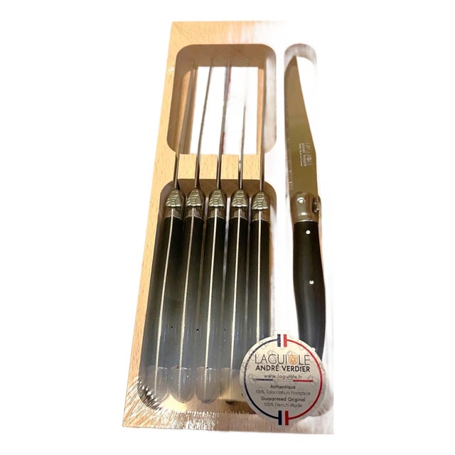 Set of 6 French Andre Verdier Laguiole Steak Knives Black Color For Sale