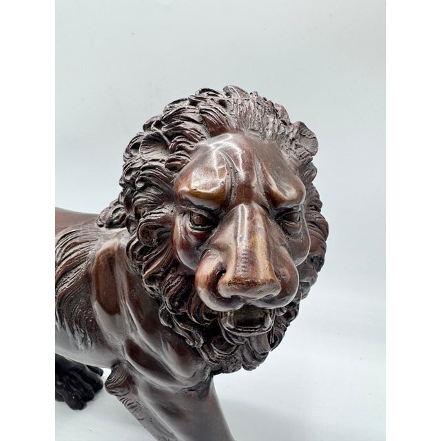 Metal Large Antique Bronze Lion Pair 13” Italian Style Mantel Statues Heavy Matched For Sale - Image 7 of 14
