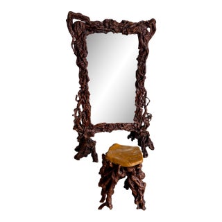 Vintage Freestanding Floor Mirror in Sculpted Tree Root Burl Frame With Stool For Sale
