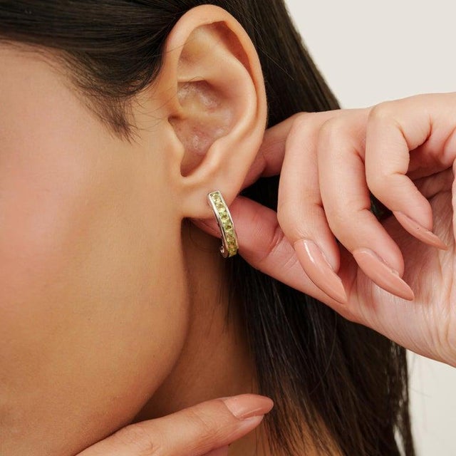 Silver August Birthstone Peridot Half Hoop Earrings for Her, A Pair For Sale - Image 6 of 11