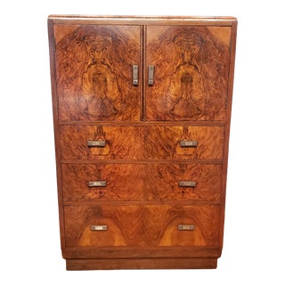 Vintage 1930's Art Deco Walnut Hardwood Tall Boy Linen Cupboard For Sale