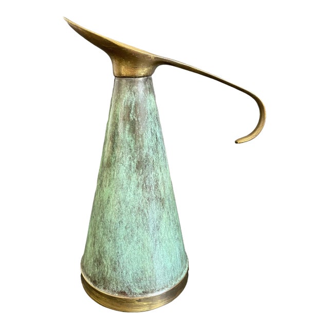 Mid Century Modern Israel Brass Verdigris Enamel Cone Shaped Jug - Pitcher For Sale