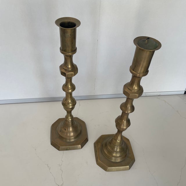 Modern A Pair of Antique Brass Candlesticks For Sale - Image 3 of 5