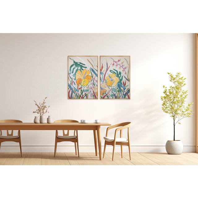 Tropical Hibiscus Garden is a vibrant diptych that celebrates the lush vitality of the natural world. This dynamic...