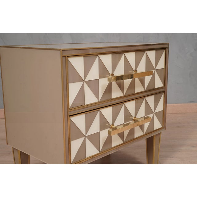 Wood Square White and Dove-Gray Color Glass and Brass Nightstand, 2000, Set of 2 For Sale - Image 7 of 11