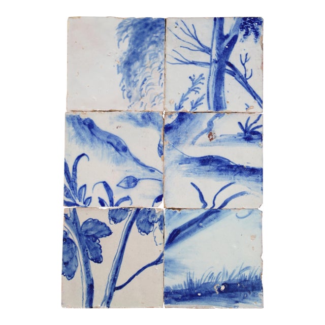 Antique Set of 6 Baroque Portuguese Tiles, 18th Century Blue & White Landscape and Botanical Scene For Sale