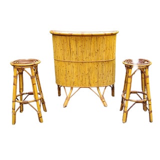 Tiki Bar with Rattan and Bamboo Stools, France, 1950s, Set of 3 For Sale