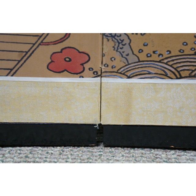 Chinese Painted Silk 4 Panel Folding Screen Dynasty Courtyard Black Lacquer 72" For Sale - Image 18 of 18