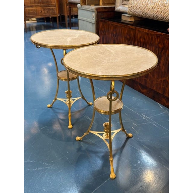 Late 20th Century Pair of Vintage French Empire Style Bronze and Marble Gueridon Tables For Sale - Image 5 of 6