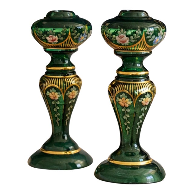 Pair of Vintage Bohemian Emerald Green Hand-Painted Glass Candlesticks With Gilt Floral Motif For Sale