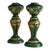 Pair of Vintage Bohemian Emerald Green Hand-Painted Glass Candlesticks With Gilt Floral Motif For Sale