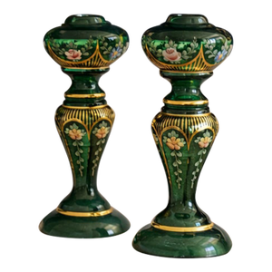 Pair of Vintage Bohemian Emerald Green Hand-Painted Glass Candlesticks With Gilt Floral Motif