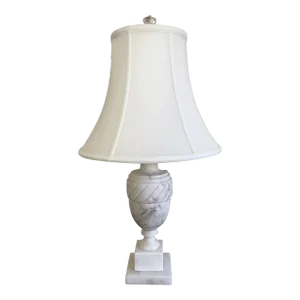 1930’s Solid White Marble Table Lamp with White Silk Shade and Crystal Finial