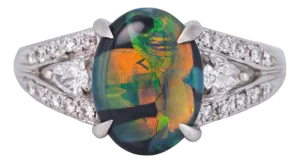 Australian Black Opal and Diamond Platinum Ring Size 7.5