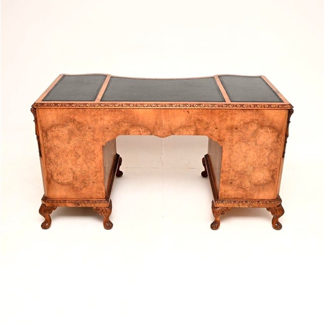 Antique Burr Walnut Pedestal Desk with Leather Top, 1900 For Sale - Image 4 of 11
