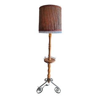 Vintage Floor Lamp with Oak Column, Black Metal Legs and Fabric Shade by Lamplove, 1960s For Sale