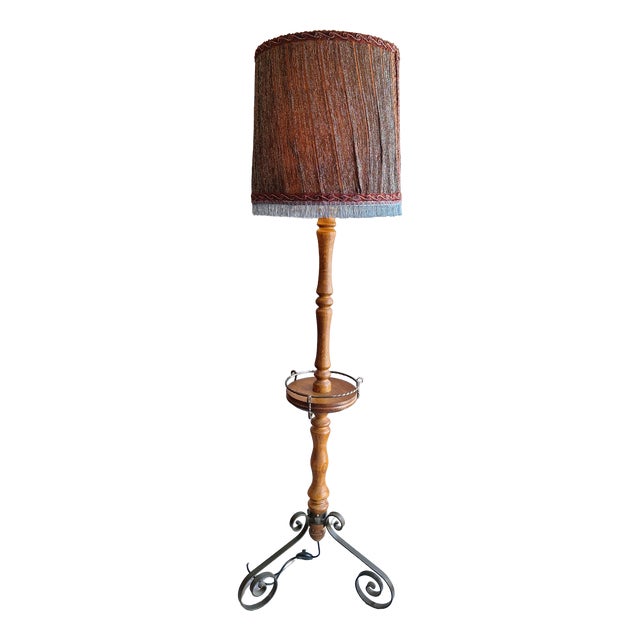 Vintage Floor Lamp with Oak Column, Black Metal Legs and Fabric Shade by Lamplove, 1960s For Sale
