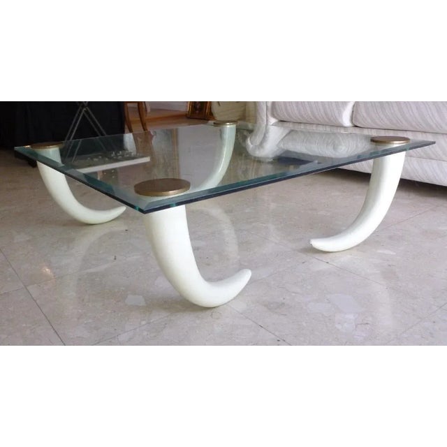 1970's Glass Coffee Table With Faux Tusk Legs and Brass Caps For Sale In Miami - Image 6 of 10