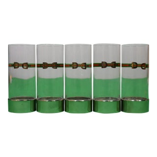 1970s Gucci Highball Glasses W/ Red & Green Surcingle Stripe Horsebit Motif (New/ Old Stock) - Set of 5 For Sale